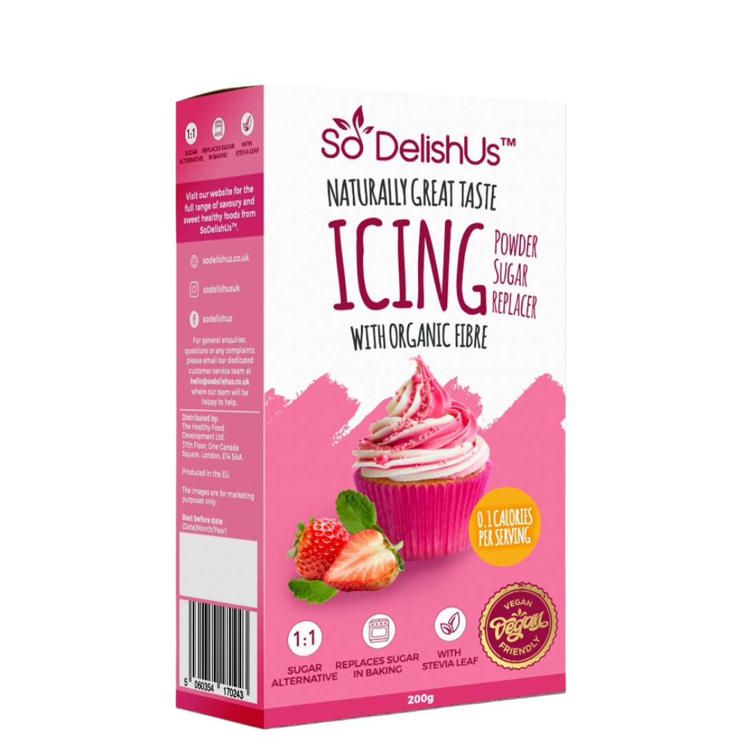 Our SoDelishUs™ Enjoy using this exclusive low calorie icing sugar alternative with organic fibre and stevia leaf extract as perfect solution to substitute sugar in baking. Suitable for Vegans, Diabetics , PCOS diet. Healthier alternative to sugar based icing.