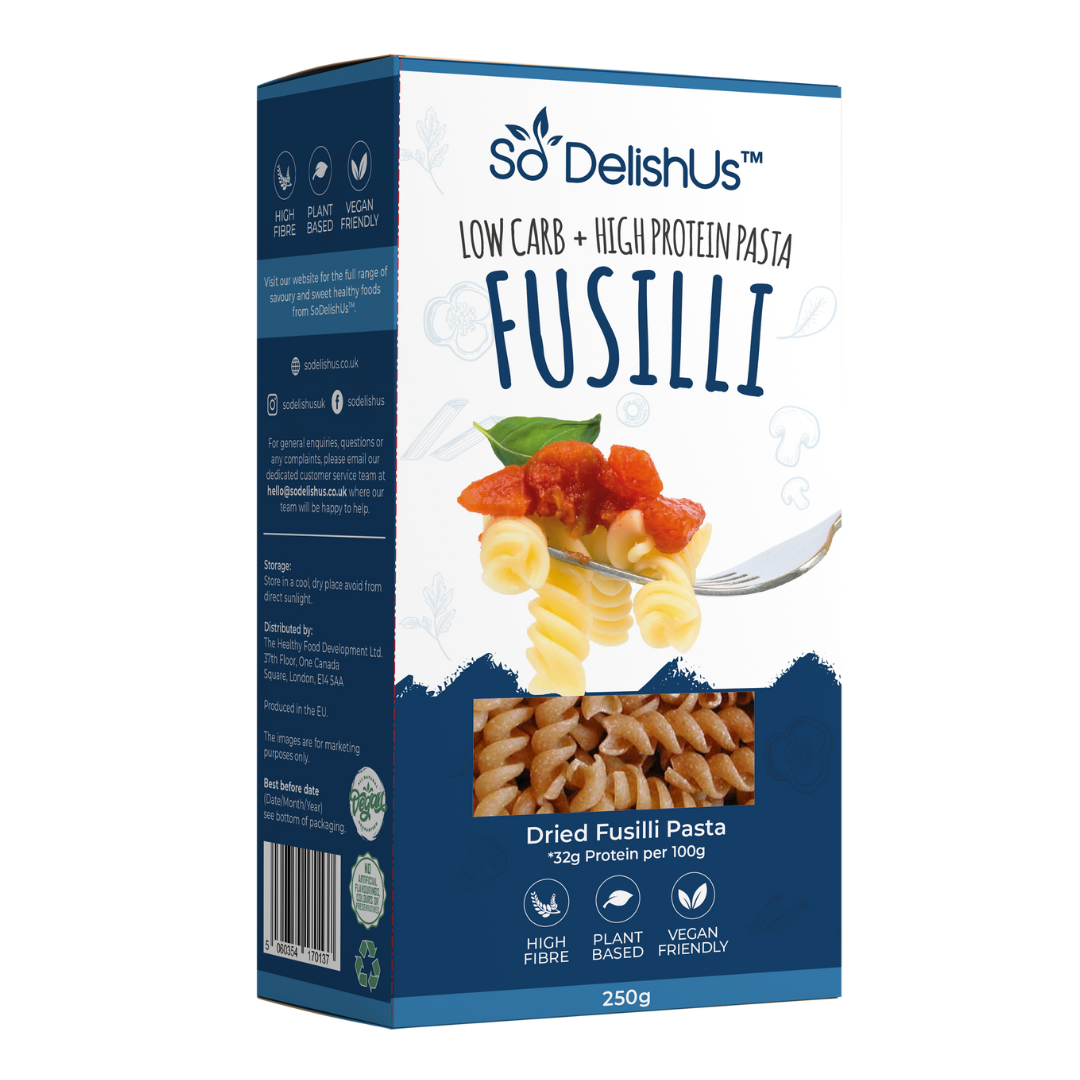 Enjoy high protein, low carb, high fibre, plant-based dried fusilli pasta. 194% More Protein | 44% Less Carbs | 232% More Fibre