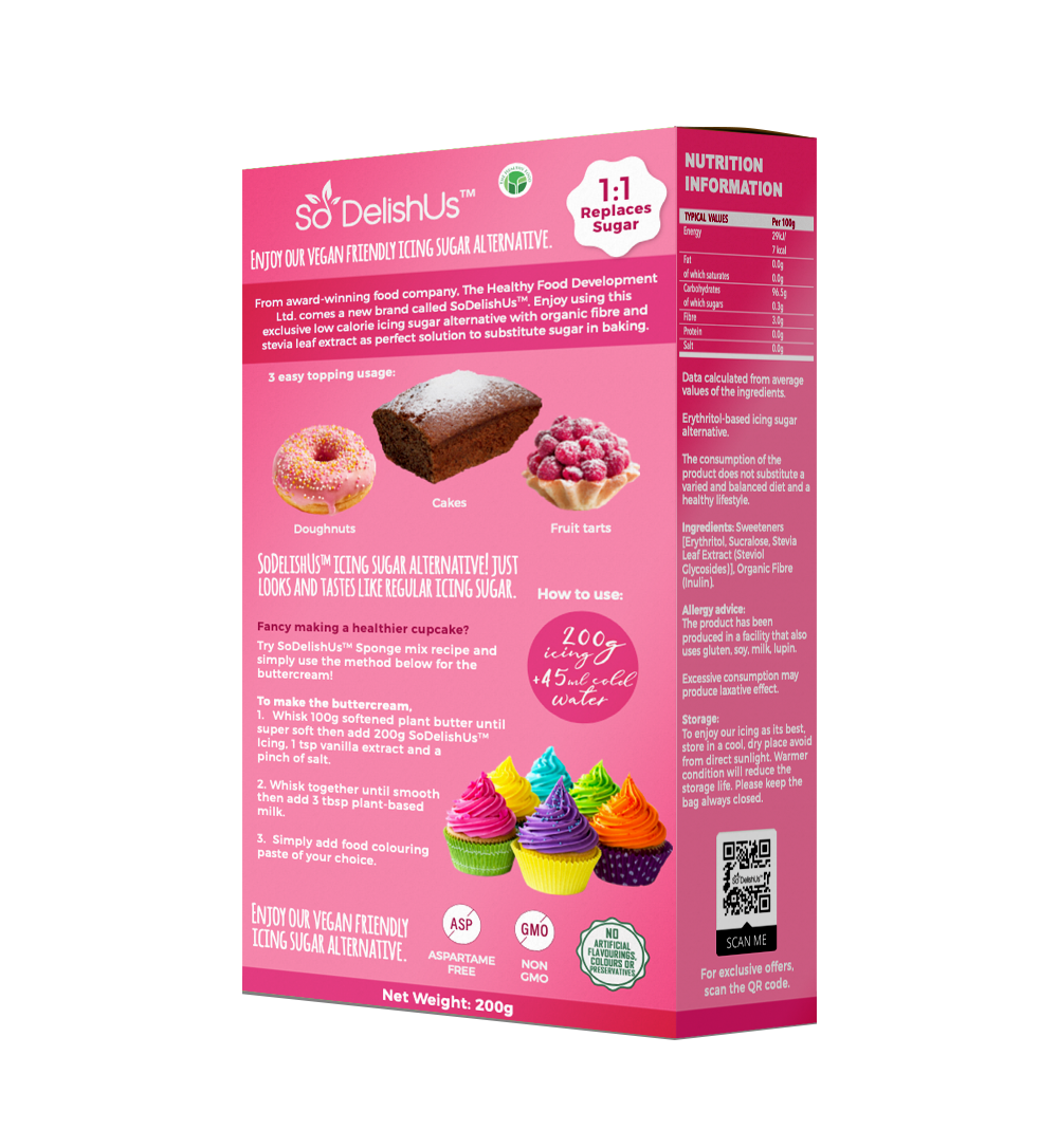 Our SoDelishUs™ Enjoy using this exclusive low calorie icing sugar alternative with organic fibre and stevia leaf extract as perfect solution to substitute sugar in baking. Suitable for Vegans, Diabetics , PCOS diet. Healthier alternative to sugar based icing.