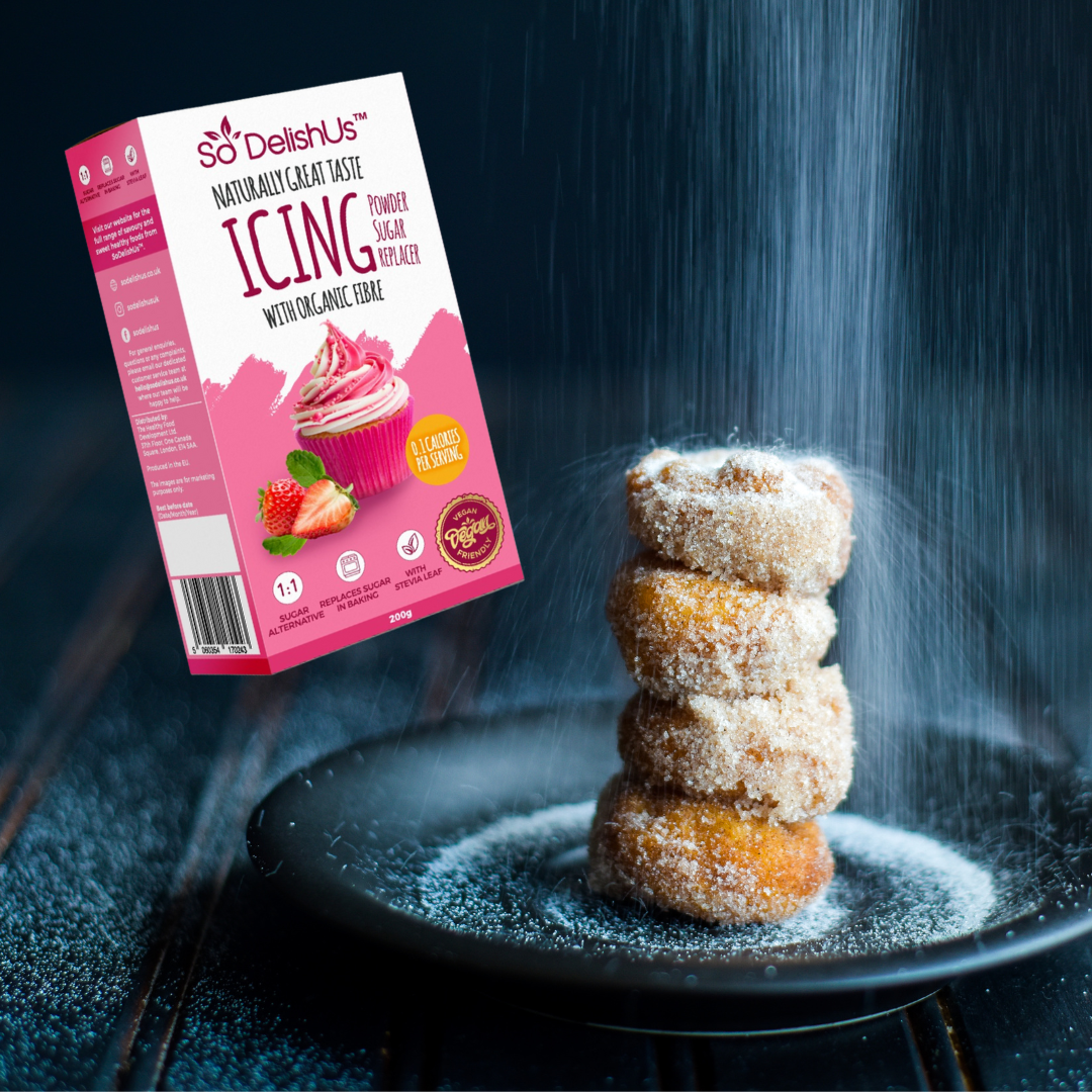 Our SoDelishUs™ Enjoy using this exclusive low calorie icing sugar alternative with organic fibre and stevia leaf extract as perfect solution to substitute sugar in baking. Suitable for Vegans, Diabetics , PCOS diet. Healthier alternative to sugar based icing.