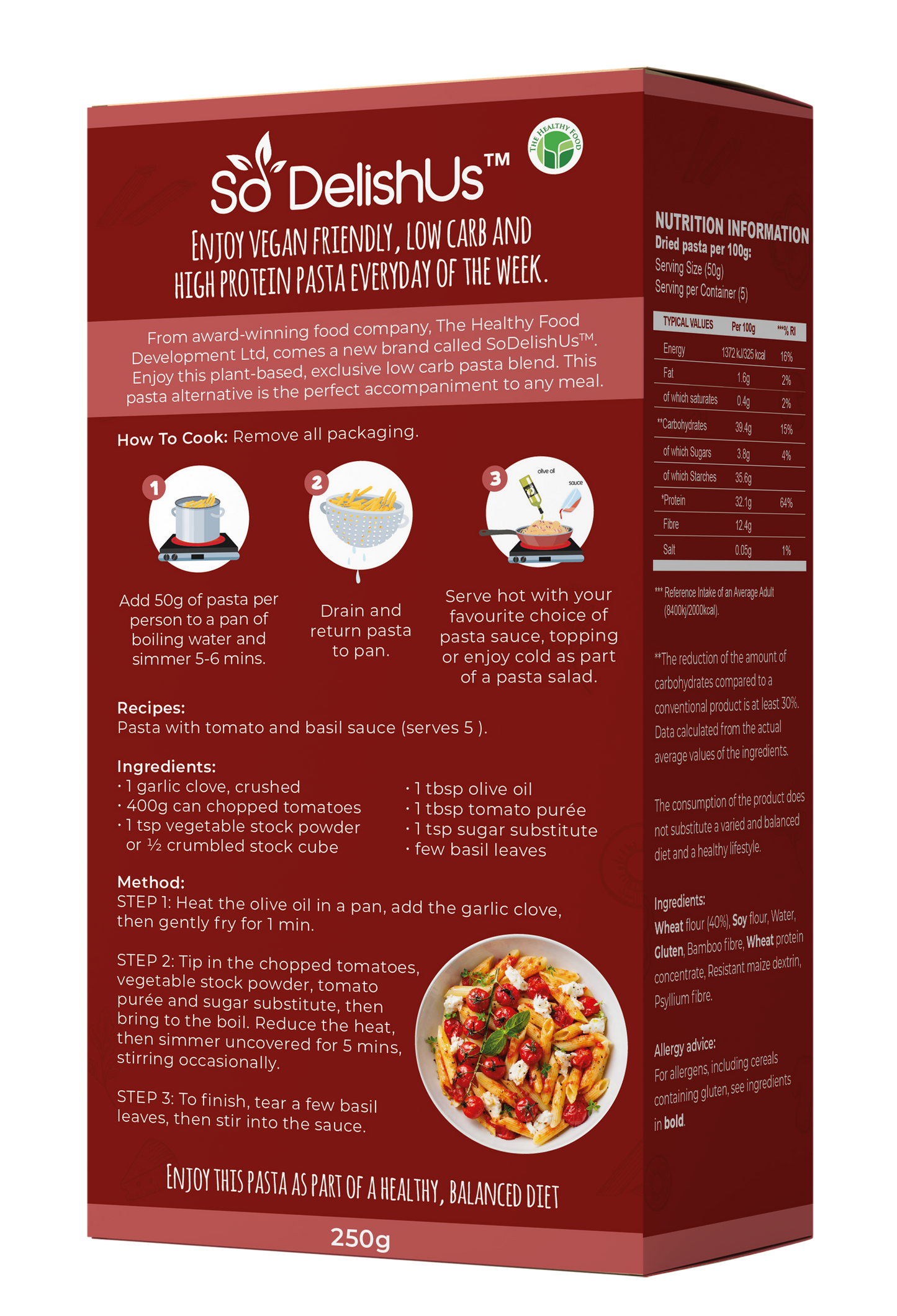 Our high protein, low carb, high fibre, plant-based dried pasta contains: 194% More Protein | 44% Less Carbs | 232% More Fibre