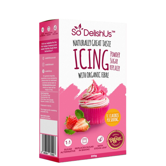 Our SoDelishUs™ Enjoy using this exclusive low calorie icing sugar alternative with organic fibre and stevia leaf extract as perfect solution to substitute sugar in baking. Suitable for Vegans, Diabetics , PCOS diet. Healthier alternative to sugar based icing.