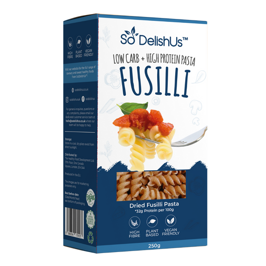 Enjoy high protein, low carb, high fibre, plant-based dried fusilli pasta. 194% More Protein | 44% Less Carbs | 232% More Fibre