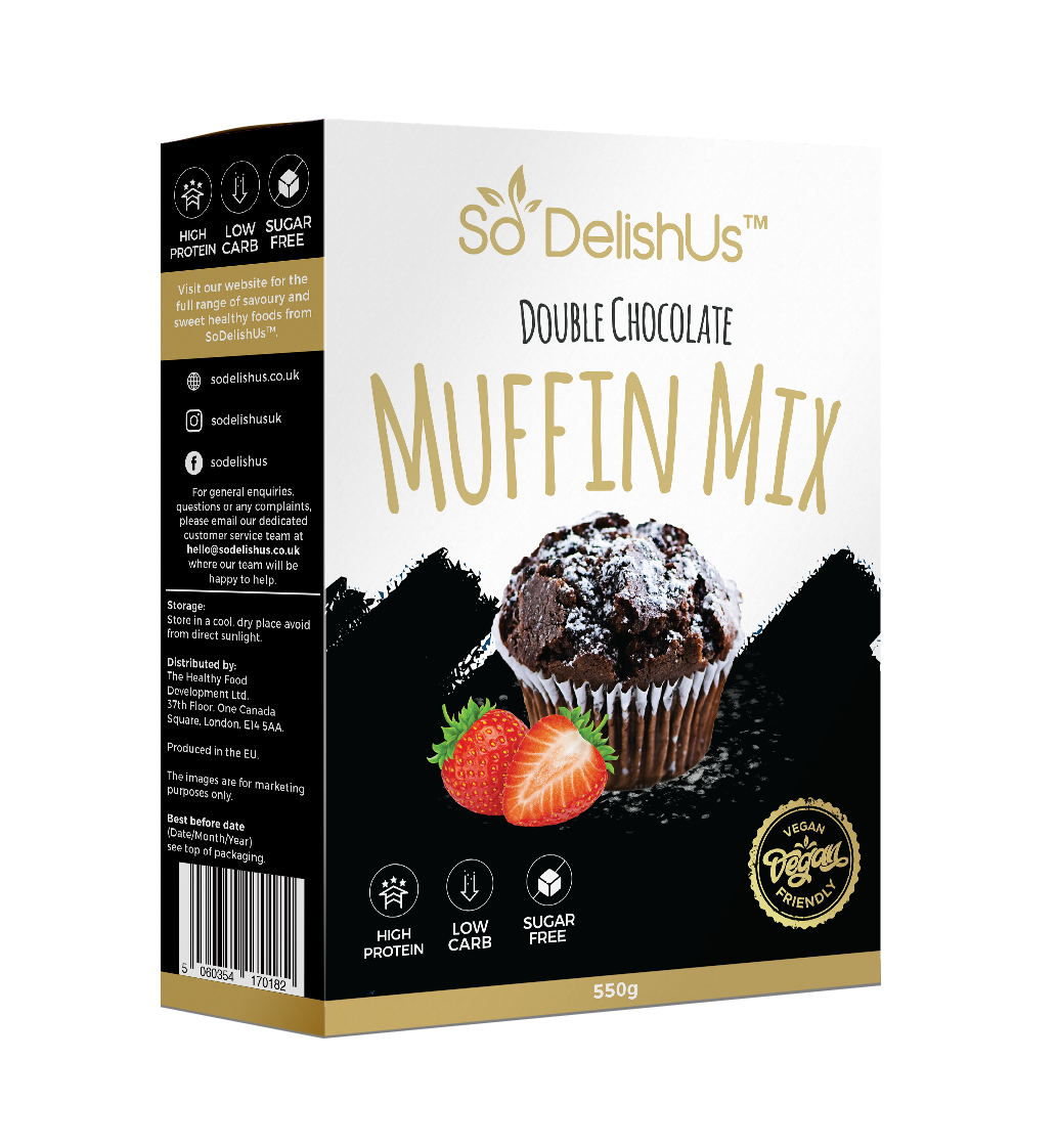 Our sugar free, low carb, high protein double chocolate muffin mix contains: ● 99% Less Sugar ● 142% More Protein ● 40% Less Calories ● 30% Less Carbs