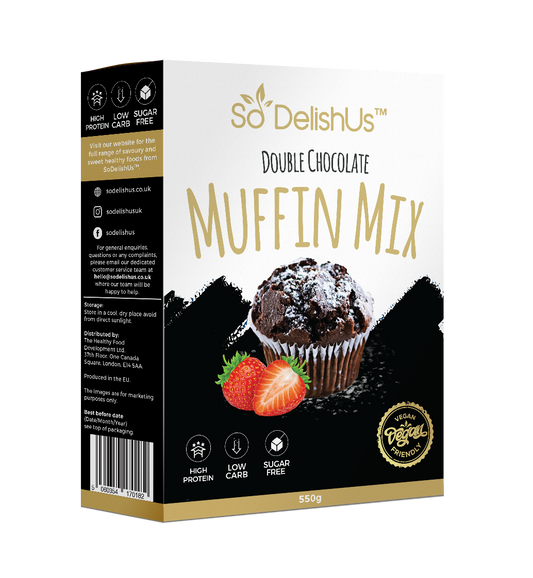 Our sugar free, low carb, high protein double chocolate muffin mix contains: ● 99% Less Sugar ● 142% More Protein ● 40% Less Calories ● 30% Less Carbs