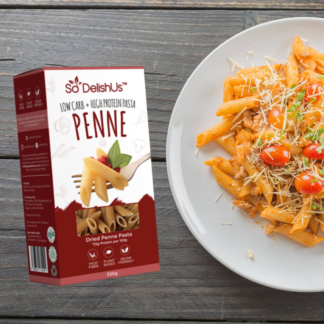 Our high protein, low carb, high fibre, plant-based dried pasta contains: 194% More Protein | 44% Less Carbs | 232% More Fibre